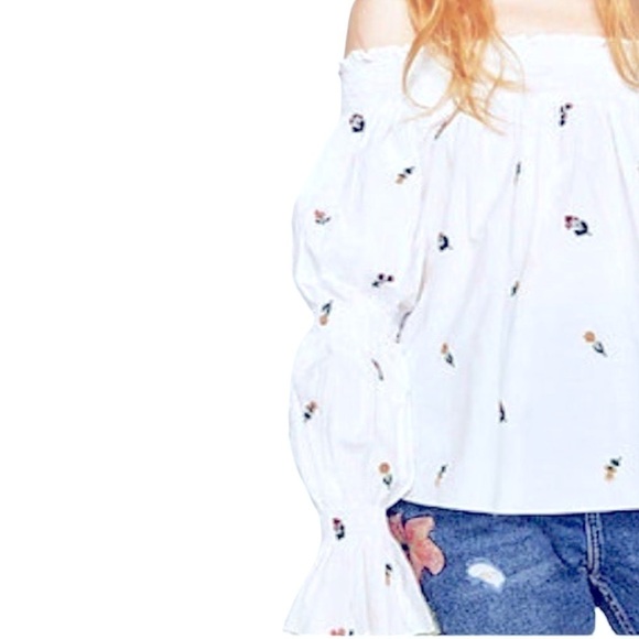 Zara Off the Shoulder White Floral Embroidered Long Ruffle Sleeve Boho Top - Picture 11 of 11